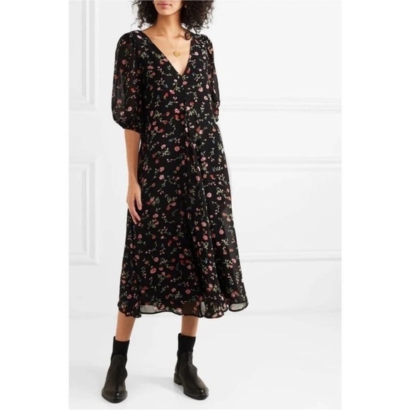 GANNI Elm Georgette Midi Dress Black/Pink Floral Size 2 - Picture 2 of 14